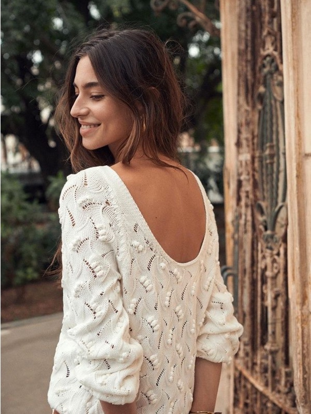 Sezane Cardigan Jumper Come Open-Back Knit Sweater - Cream White S Cotton
